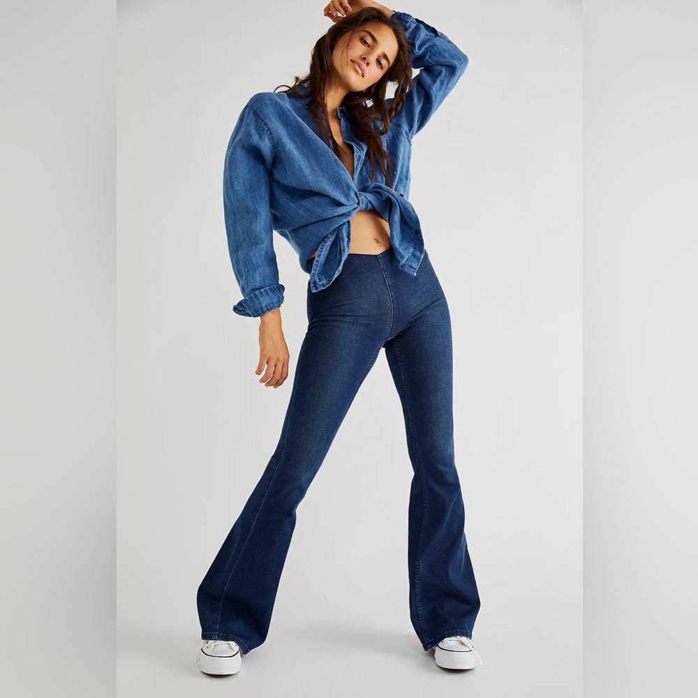 Free People Penny Pull On Flare Jeans Rich Blue